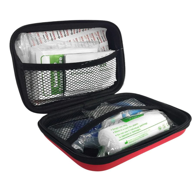 First aid kit with medical supplies in a black and red case on a white background