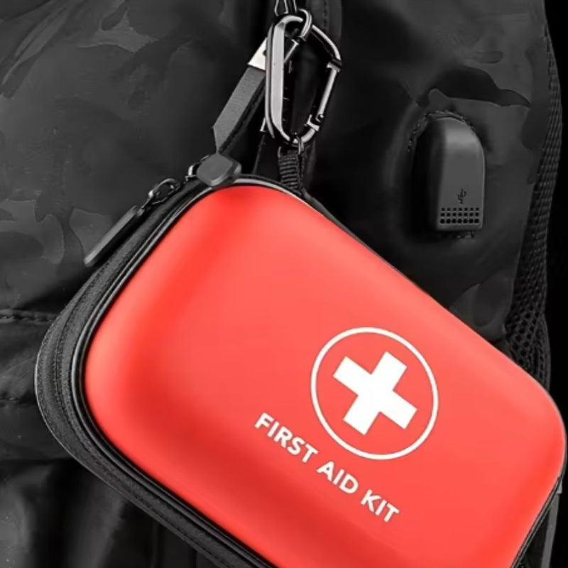 Red first aid kit with a white cross symbol on a black background
