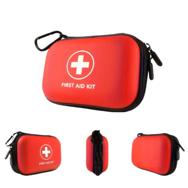 Red first aid kit with a white cross symbol on a white background
