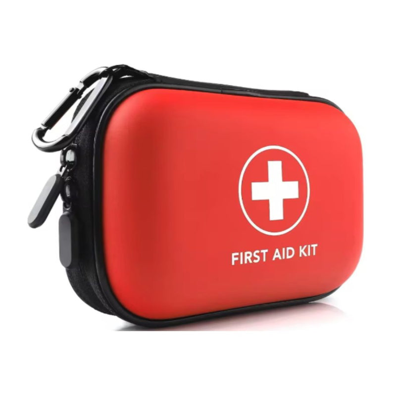 Red first aid kit with a white cross symbol on a white background