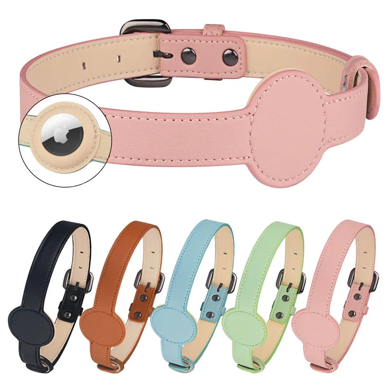 Leather Adjustable Pet Collar with AirTag Holder