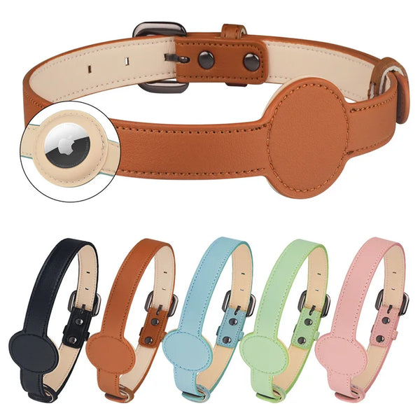 Leather Adjustable Pet Collar with AirTag Holder